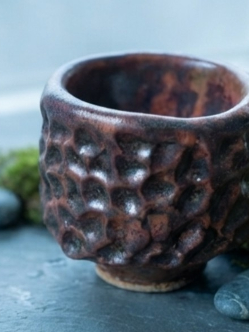 Handmade Studio Pottery Textured Pinch Pot Bronze Rust Brown Small Bowl